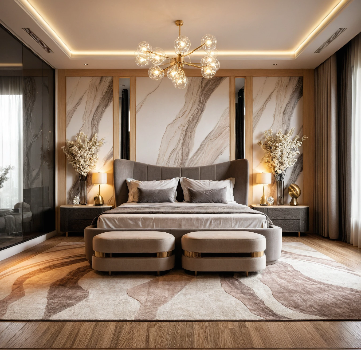 Raw photo,Masterpiece, high quality, best quality, authentic, super detail, interior, indoors, bedroom style modern luxury , sunset, day light, bed, lamp, carpet, bedside cabinets, flower vase, wooden floor, armchair, curtain, glass door wardrobe,aluminum glass wings, Chandeliers, led,