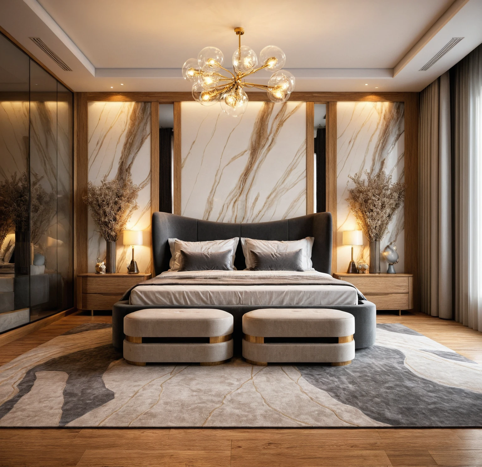 Raw photo,Masterpiece, high quality, best quality, authentic, super detail, interior, indoors, bedroom style modern luxury , sunset, day light, bed, lamp, carpet, bedside cabinets, flower vase, wooden floor, armchair, curtain, glass door wardrobe,aluminum glass wings, Chandeliers, led,
