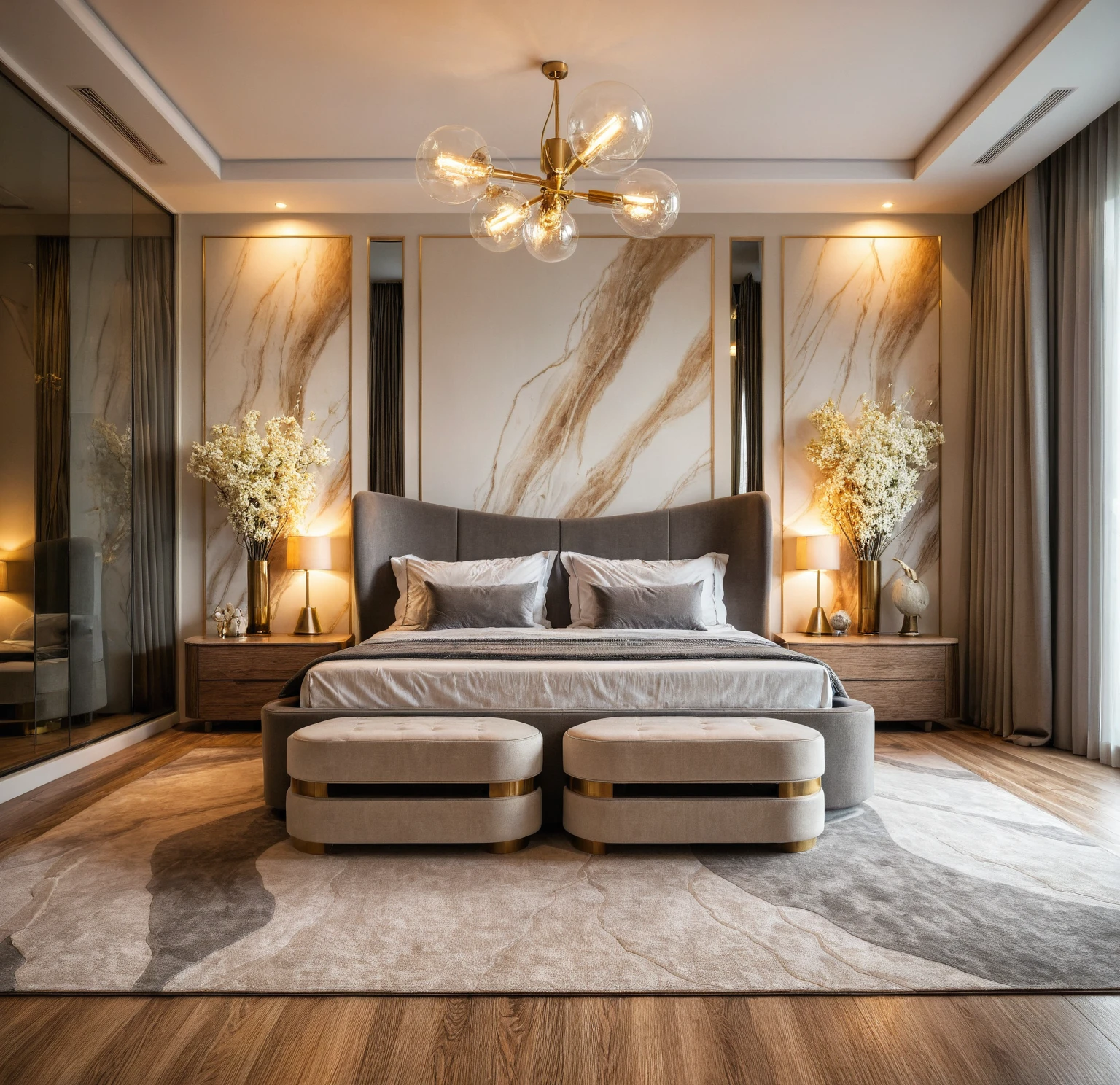 Raw photo,Masterpiece, high quality, best quality, authentic, super detail, interior, indoors, bedroom style modern luxury , sunset, day light, bed, lamp, carpet, bedside cabinets, flower vase, wooden floor, armchair, curtain, glass door wardrobe,aluminum glass wings, Chandeliers, led,