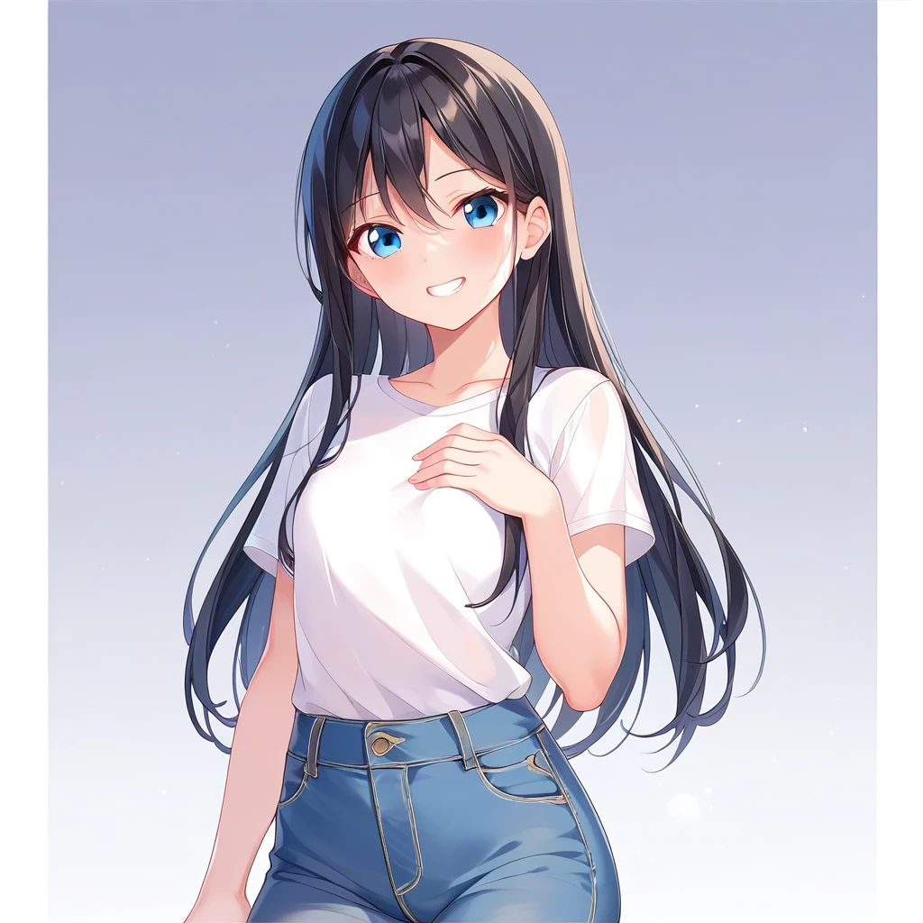 masterpiece、Highest quality、Color、Line art、1 girl、solo、20-year-old、Flat Chest、Long black hair、Short sleeve、White T-shirt、Long trousers、jeans、Grin、Are standing、I&#39;m cooking、Eyes open、Mouth open、Face backwards, facing the kitchen、Kitchen Background、Simple Background、