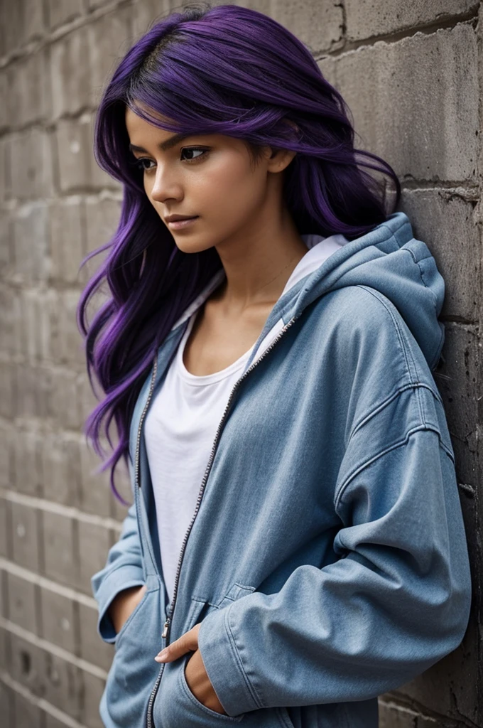 
Imagine a scene where a mysterious figure stands with beautiful but full with sadness to us, clad in a sleek black hoodie with a vivid red zipper that catches the eye. Their hair is a brilliant shade of purple, reminiscent of a clear sky on a sunny day, and it's styled to cascade gently down their back. Tucked into the locks of purple is a delicate purple-white flower, its petals soft and inviting, contrasting beautifully with the vibrant hair color. The person is positioned against a backdrop of a textured concrete wall, which tells a story of its own with patches of wear and subtle discoloration, suggesting the passage of time and the resilience of the structure. The overall mood is one of urban mystery and artistic flair, with a touch of nature's simplicity brought by the single flower.
