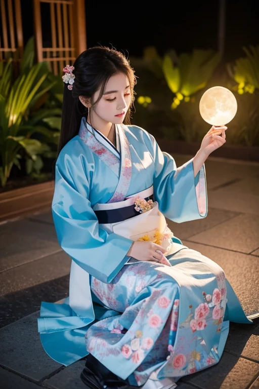 best quality, High target_solve, clearly_image, Detailed Background ,girl, Hanbok,flower,flower園,moon, night,