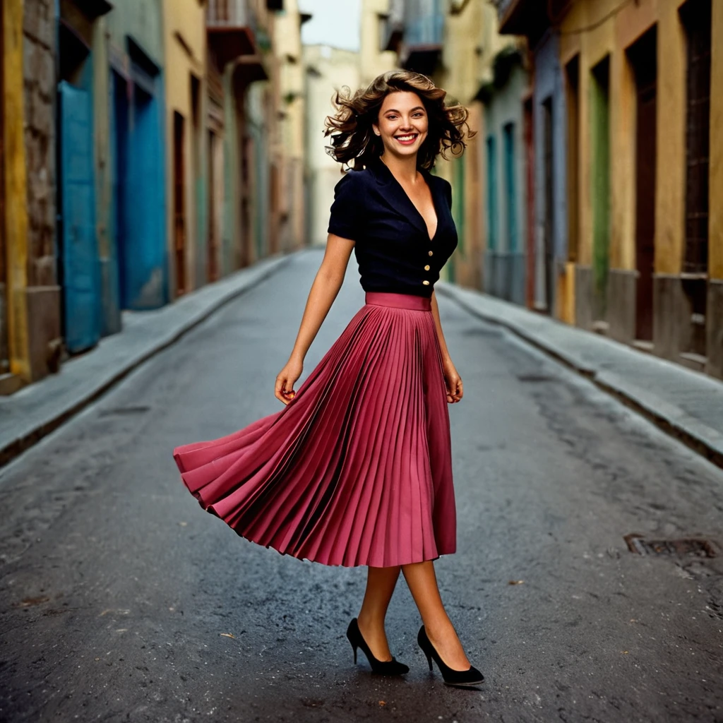 A smiling, authentic, (shy:1,3), kind, beautiful woman, is passionately in love with her skirt, wind wildly flowing her skirt, wearing short blazer and (long (fully pleated) full circle skirt) and (low heeled court shoes), very, very intricate hyper-detailed symmetric (attractive graceful young feminine face) with (sad, tired eyes and a loving smile), very voluptuous breasts, full of empathy and compassion and love, (pronounced (feminine) features), (highly detailed ultra accurate realistic) hands and fingers, (windy), epic composition, highly detailed attributes, (35mm f1.4 Kodak portra 400 photograph), extremely high quality RAW photograph, highly detailed atmosphere, sci-fi, cinematic shot, dynamic lighting, 75mm, Technicolor, Panavision, cinemascope, sharp focus, fine details, 8k, HDR, realism, realistic, key visual, film still, superb cinematic color grading, depth of field