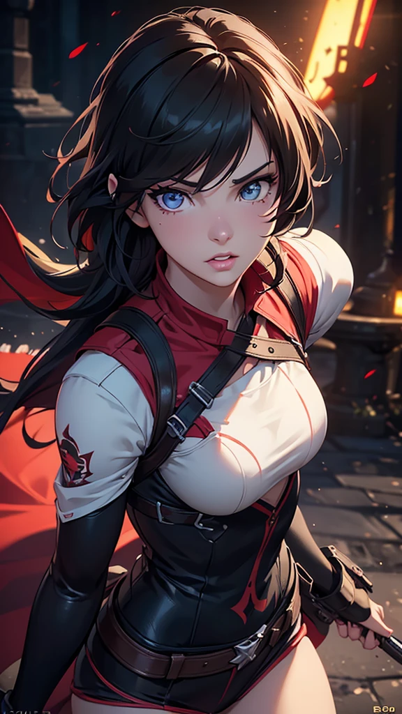 realistic, 1girl, Ruby Rose, RWBY, hero shot, detailed face, beautiful detailed eyes, beautiful detailed lips, extremely detailed face and eyes, long eyelashes, cinematic lighting, colorful, vibrant, dynamic pose, action scene, powerful, heroic, (best quality, 4k, 8k, highres, masterpiece:1.2), ultra-detailed, (realistic, photorealistic, photo-realistic:1.37), cinematic lighting, epic, dramatic