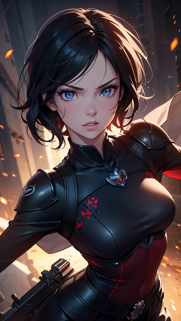 realistic, 1girl, Ruby Rose, RWBY, hero shot, detailed face, beautiful detailed eyes, beautiful detailed lips, extremely detailed face and eyes, long eyelashes, cinematic lighting, colorful, vibrant, dynamic pose, action scene, powerful, heroic, (best quality, 4k, 8k, highres, masterpiece:1.2), ultra-detailed, (realistic, photorealistic, photo-realistic:1.37), cinematic lighting, epic, dramatic