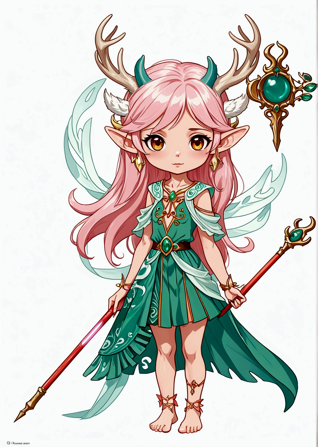 Cartoon anime style,beautiful girl,Fluffy pink hair,antlers,Elf ears,orangeskirt,Scepter,Standing barefoot,Foot ring。(((Correct human anatomy)))