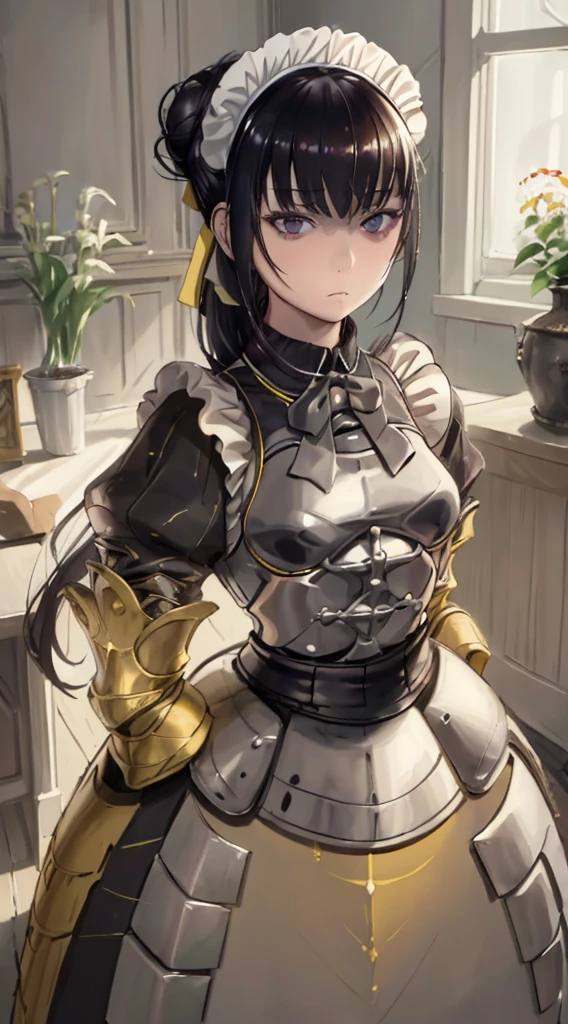 1girl, maid, solo, black hair, hands on hips, apron, maid headdress, single hair bun, black eyes, hair bun, looking at viewer, maid apron, yellow elements, (armor, armored dress,:1.1), emotionless, narberal_gamma,  highres, sharp focus, pixiv masterpiece, ((intricate details)), highly detailed,