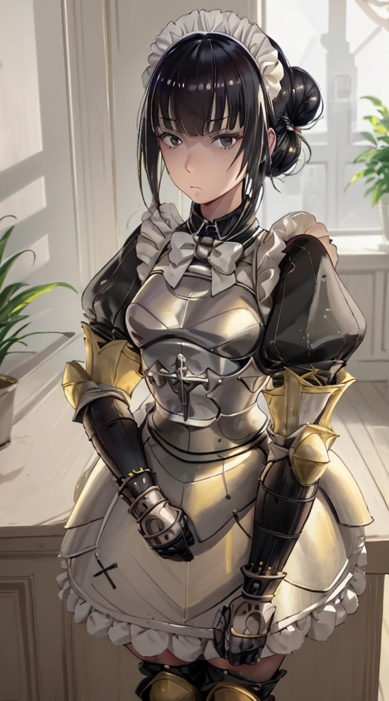 1girl, maid, solo, black hair, hands on hips, apron, maid headdress, single hair bun, black eyes, hair bun, looking at viewer, maid apron, yellow elements, (armor, armored dress,:1.1), emotionless, narberal_gamma,  highres, sharp focus, pixiv masterpiece, ((intricate details)), highly detailed,