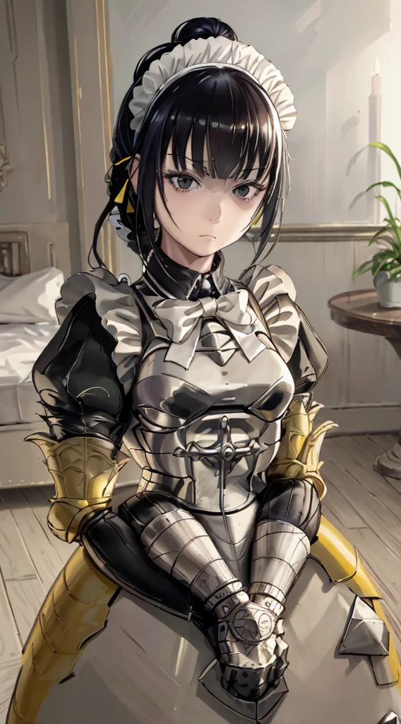 1girl, maid, solo, black hair, hands on hips, apron, maid headdress, single hair bun, black eyes, hair bun, looking at viewer, maid apron, yellow elements, (armor, armored dress,:1.1), emotionless, narberal_gamma,  highres, sharp focus, pixiv masterpiece, ((intricate details)), highly detailed,