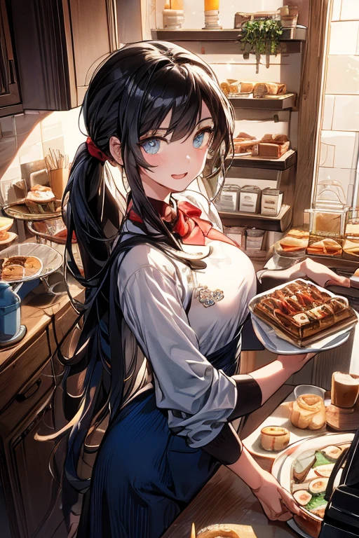 (dynamic angle:1.3, front view:1.1, breast focus:1.3, from above:1.1), (dynamic posing:1.2, sexy posing:1.2), (seductive smiling:1.3), ((looking at cake,Taking a cake out of the golden oven, worried about the outcome:1.2)),highest quality、(real、photorealistic:1.4),(ultra high resolution, 8K RAW photo, clear focus), best qualtiy, natural lighting, field depth, (Bright pupils, detailed beautiful eyes, high detailed face), Red lip, (tight focus:1.2), a girl 22yo old, Wearing a pastry chef uniform:1.3 , Thicc, thin breast, long hair, blue eyes,a pastry pretty girl:1.1, (highly detailed beautiful face and eyes,small breasts),real skin,((black,hair,long pony tail hair)),thin pubic hair,cute,lovely, detailed eyes,(double breasted:1.0,under bust:1.0),(with sparkling eyes and a contagious smile),open mouth, Looking at Viewer,A scene of cooking in the kitchen with the oven made by goldden 