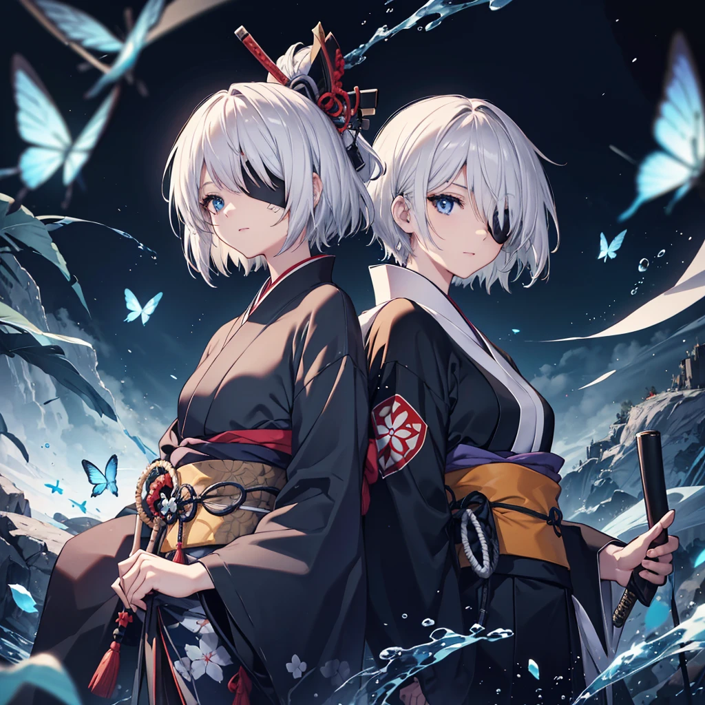 (((1 person　Put on an eye patch　Gray Hair)))　((High resolution　short hair　Black kimono　Shoulder　knifeを胸の前で構える))　((Black Band　samurai　Lonely　despair　blue eyes　Close-up))　((Blue Butterfly　night　Japanese style　old　Shining Aura　garden　water surface　Catch the wind))　(dance　日本knife　knife　Slashing)　月night　moonlight　star　Draw your sword　Shining Background　Shining Edge