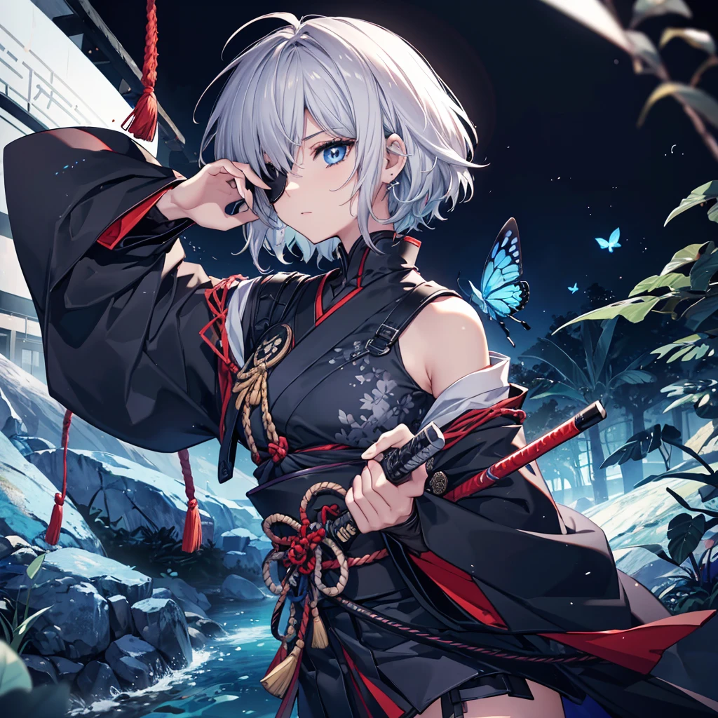 (((1 person　Put on an eye patch　Gray Hair)))　((High resolution　short hair　Black kimono　Shoulder　knifeを胸の前で構える))　((Black Band　samurai　Lonely　despair　blue eyes　Close-up))　((Blue Butterfly　night　Japanese style　old　Shining Aura　garden　water surface　Catch the wind))　(dance　日本knife　knife　Slashing)　月night　moonlight　star　Draw your sword　Shining Background　Shining Edge