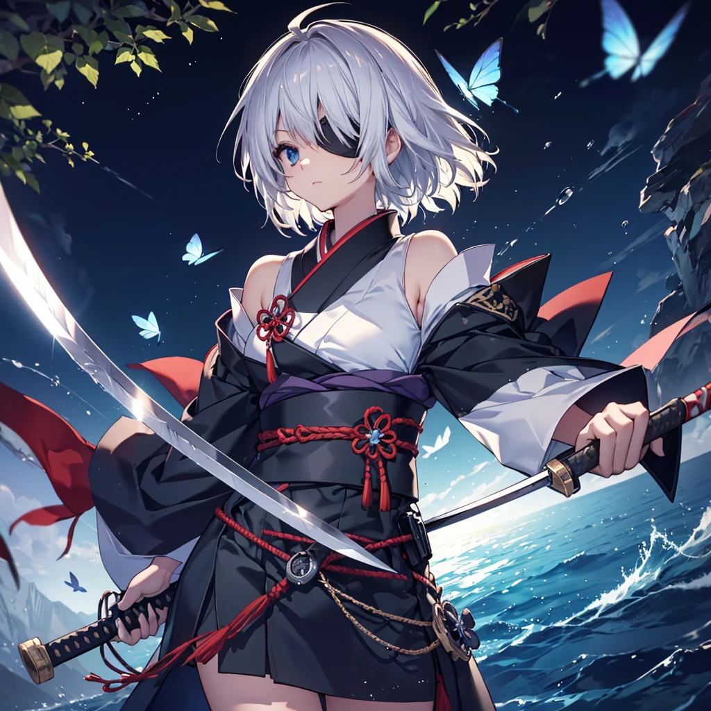 (((1 person　Put on an eye patch　Gray Hair)))　((High resolution　short hair　Black kimono　Shoulder　knifeを胸の前で構える))　((Black Band　samurai　Lonely　despair　blue eyes　Close-up))　((Blue Butterfly　night　Japanese style　old　Shining Aura　garden　water surface　Catch the wind))　(dance　日本knife　knife　Slashing)　月night　moonlight　star　Draw your sword　Shining Background　Shining Edge
