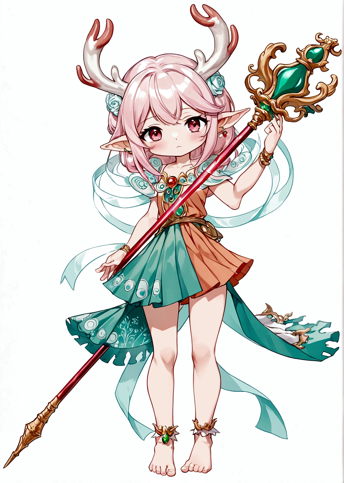 Cartoon anime style,beautiful girl,Fluffy pink hair,antlers,Elf ears,orangeskirt,Scepter,Standing barefoot,Foot ring。(((Correct human anatomy)))