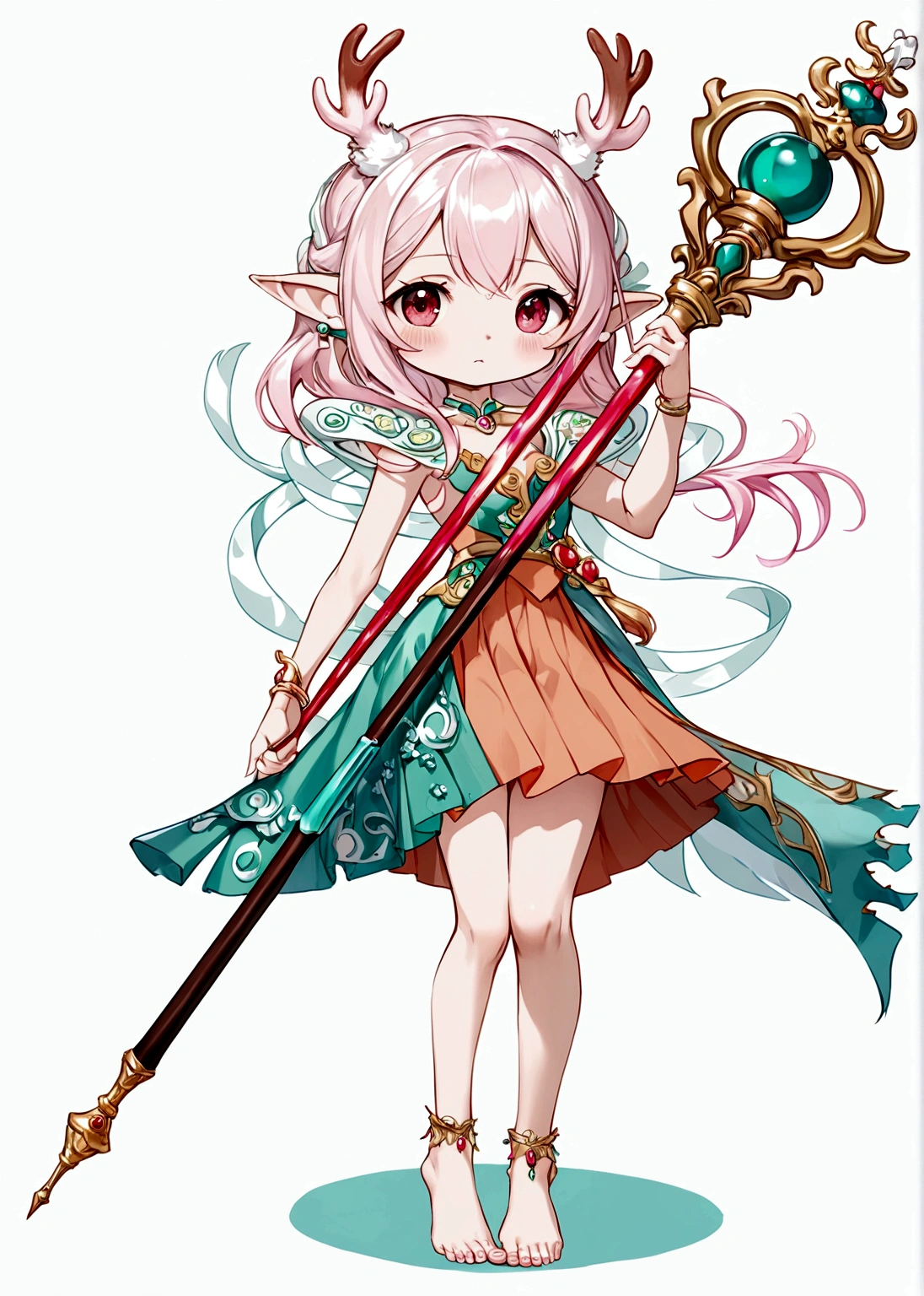 Cartoon anime style，beautiful girl，Fluffy pink hair，antlers，Elf ears，orangeskirt，Scepter，Standing barefoot，Foot ring。(((Correct human anatomy)))