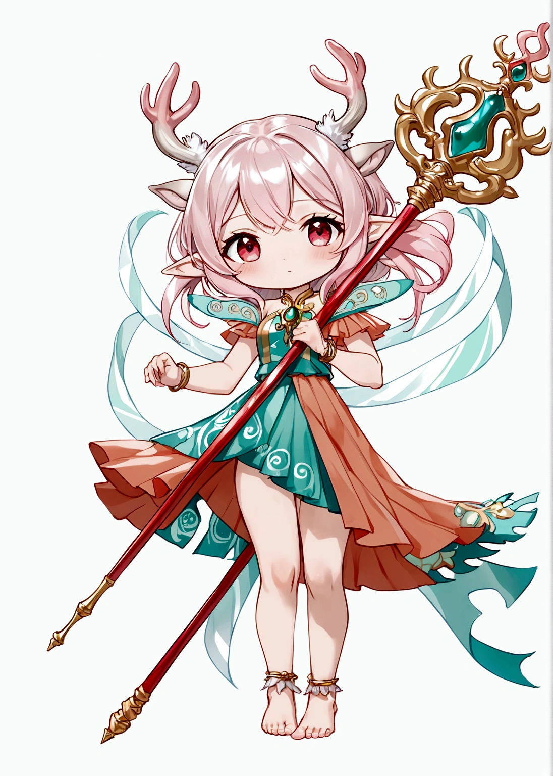 Cartoon anime style,beautiful girl,Fluffy pink hair,antlers,Elf ears,orangeskirt,Scepter,Standing barefoot,Foot ring。(((Correct human anatomy)))