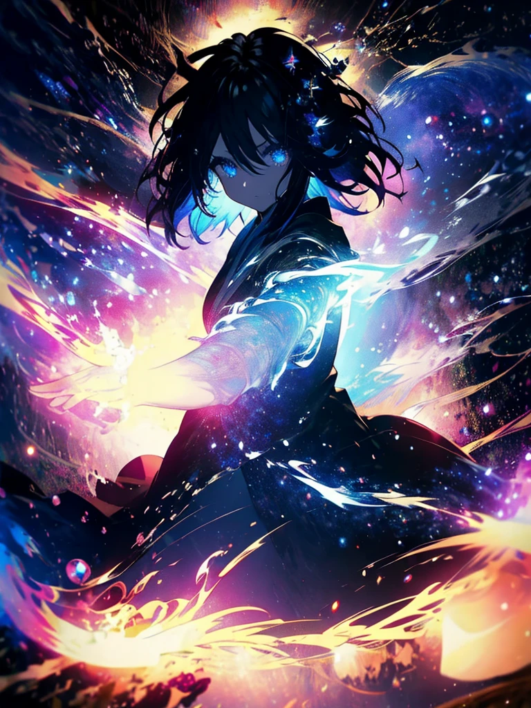 25-year-old girl、Rune background、black magician、Wearing a black robe、mesmerize、cute woman、Elegant hairstyle、indigo hair color、Slightly shorter hair、blue eyes、look at the viewer、masterpiece、Best image、