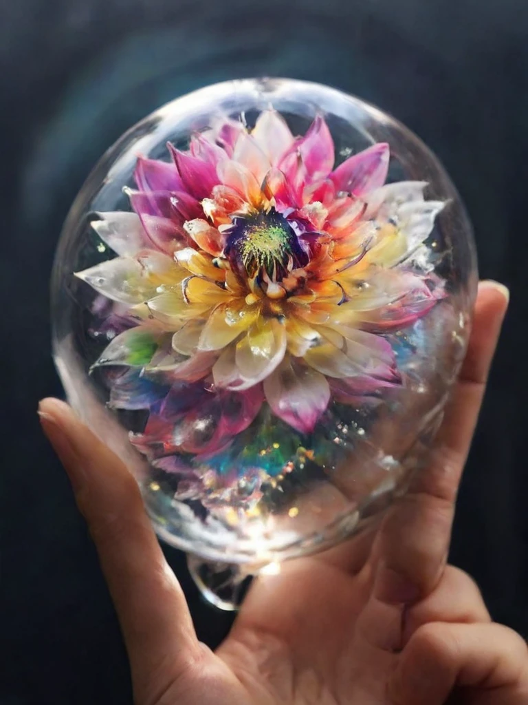 Crystal Blossom Flower,Dahlia Fantasy, Milky Way, transparent, Sparkling, Sparkling, wonderful, colorful, Magical Pictures, Dramatic lighting, Photographic realism, Super detailed, 4K, Depth of written boundary, High resolution