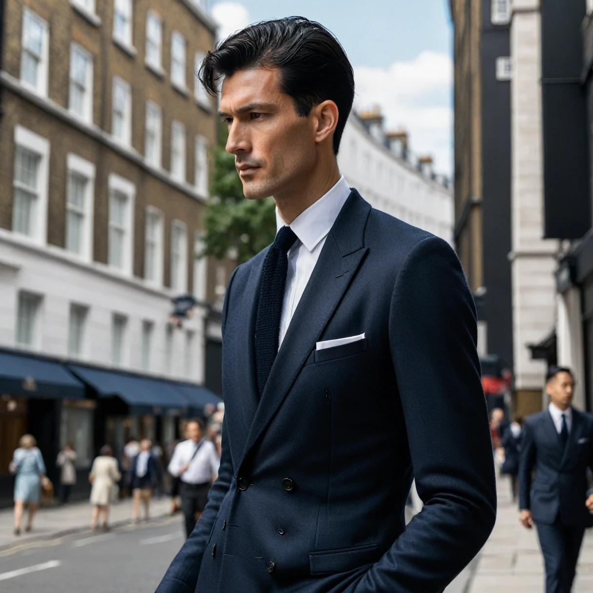 photorealistic, cinematic, raw photo, low angle shot, man, mature, black hair, short side part hairstyle, clean shaven, tall, thin, scar on cheek, wearing dark navy doublebreasted suit, white shirt, black knitted necktie, walking on streets of London, summer, sunny