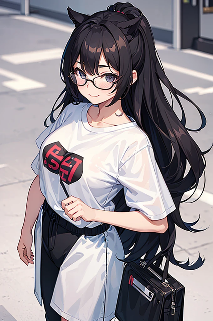 (RAW photo, 8k, masterpiece, high res, extremely intricate) (photorealistic:1.4), cinematic lighting
1girl with long black wavy hair and nerdy glasses, solo focus, summer noon at new york, hot, 21st \(style\), graphic tee and jeans shot,outdoor