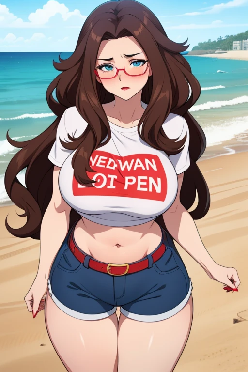 20 year old woman, busty, bubble butt, hourglass figure, skinny, blushing, tired expression, horny, exhausted, long hair, brown hair, wavy hair, wearing white tshirt, booty shorts, belt, glasses, underboob, tight fitting clothing, at beach, at seaside, ocean, anime, flat colors, dynamic pose, running, sprinting, heavy make up, kissable lips, red lipstick, covered breasts