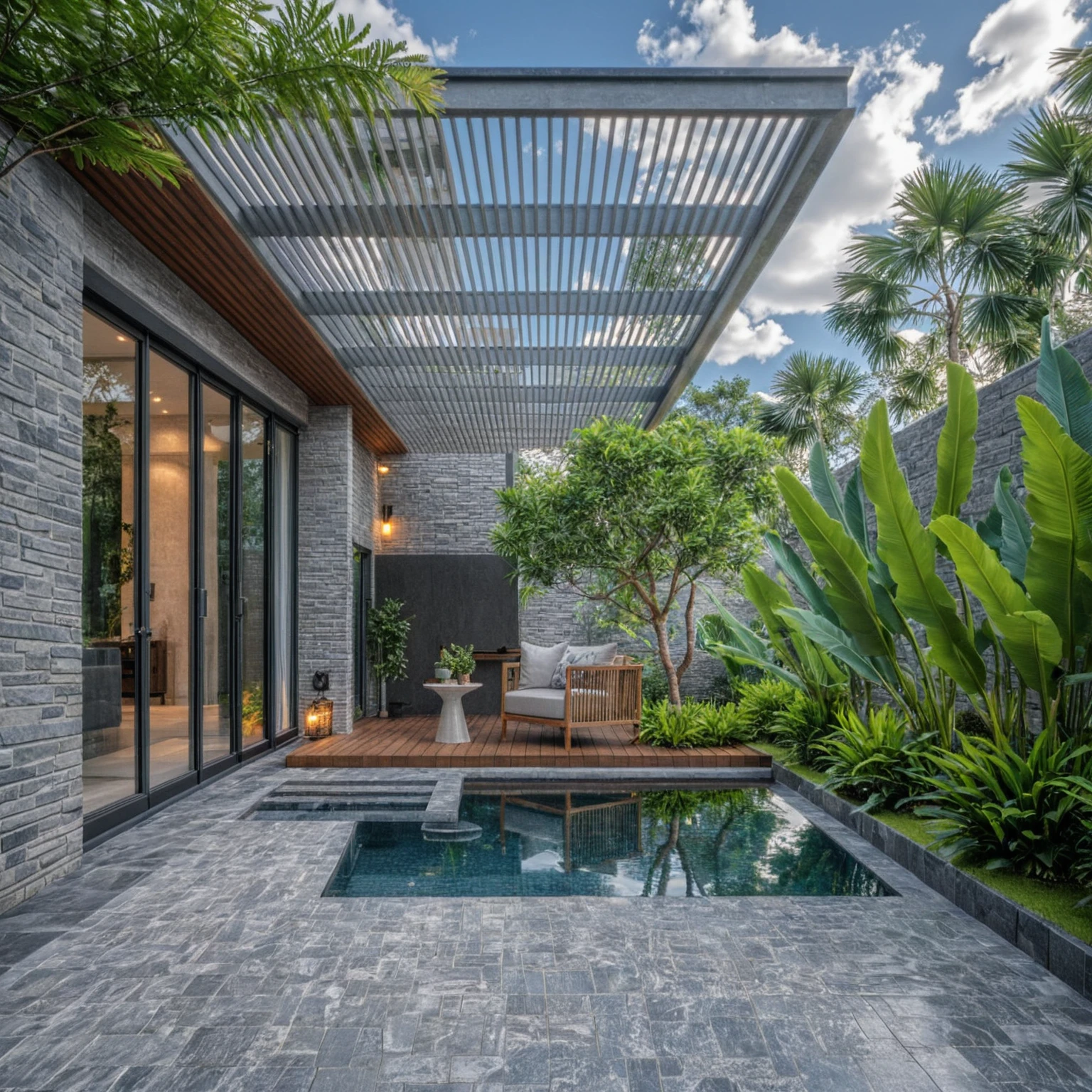 Masterpiece, high quality, best quality, 3d rendering, super detailed, outdoor, two-story villa, aiaigroup, modern townhouse style, swimming pool in front, gray stone accent wall right panel, road, sidewalk, grass, trees, sky, clouds, (daylight: 1.1)