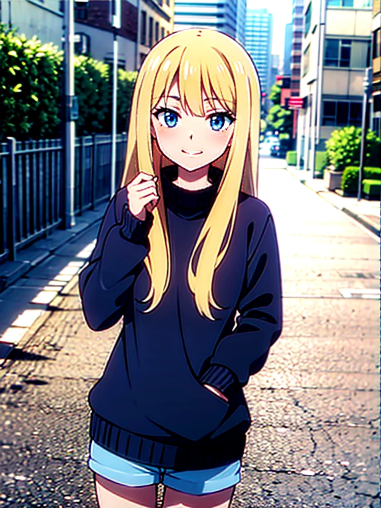 Anime screencap, anime style, anime scene, A teenage girl with long blonde hair and blue eyes is giving the viewer a gentle smile. She is wearing a white sweater, and the background is a beautiful city street.