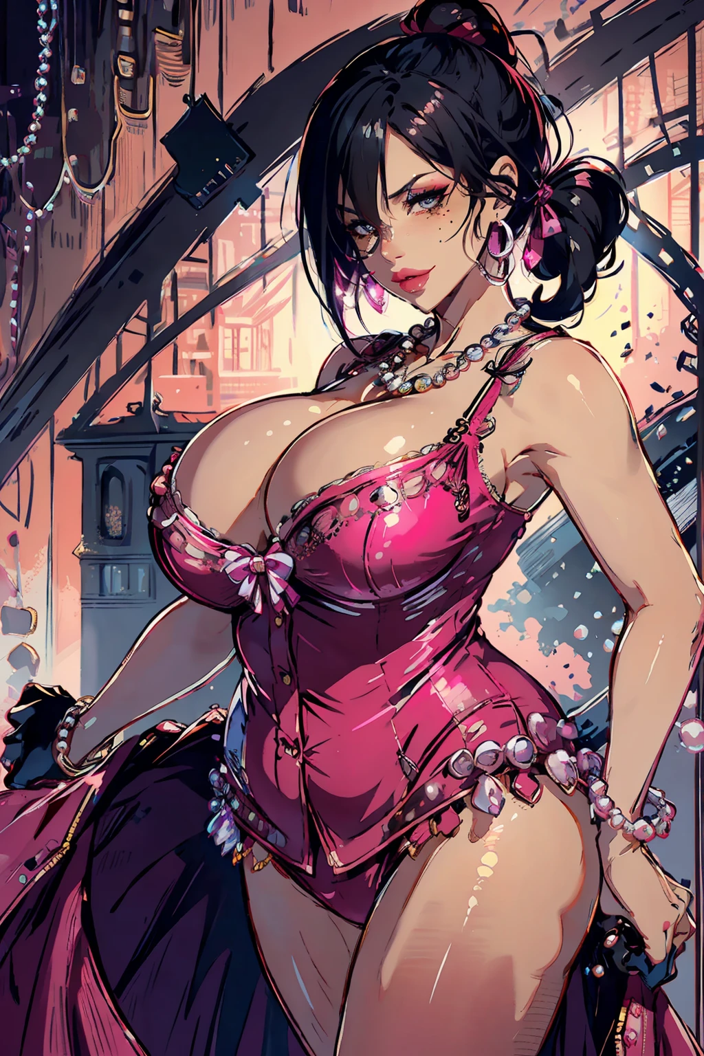 Slightly fat, super plump, Very plump, pearls necklace, Ring in the nose, 耳Nipple Ring, Anklets, Thick lips, black-skinned, Crystal heels, leather whip, short detailed hair, The expression is pompous, Heart-shaped bra, red colour, Pink clothes, Tight clothing or pajamas, Pajamas made of silk, (full body1:1), black hair, braided ponytail, eyepatch, mole under eye, makeup, seductive smile, chiaroscuro, close-up, cowboy shot, masterpiece, ccurate, high details, high quality, highres, anatomically correct, ccurate
