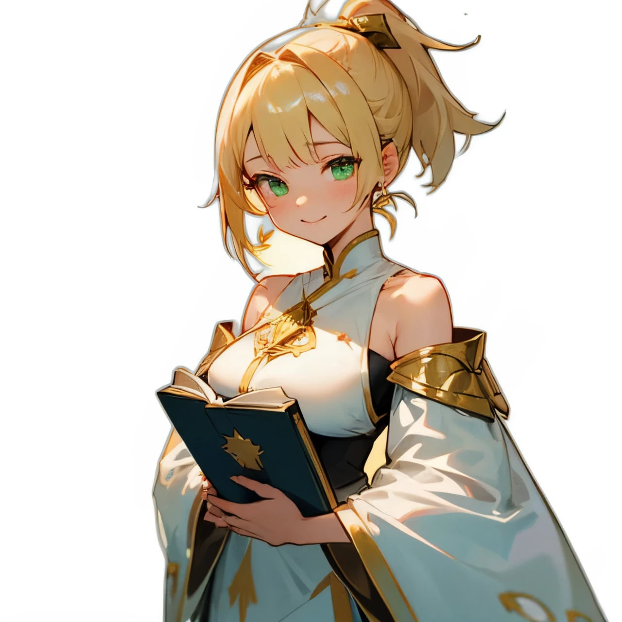 Young and pretty woman Short blonde ponytail Beautiful green eyes White highlights on both eyes Beautiful fair skin A wizard's uniform with short sleeves and bare shoulders, based on a white base with a touch of gold on the hem.(witch)Wearing clothes from Depicts only the upper body of a person Big Breasts A little petite Facing forward The angle is the front Holding a magic wand in his right hand He holds a magic book in his left hand. No magic、Standing there The background is a fantasy village Smiling gently She has gold star-shaped earrings. Wearing a wedding ring on the ring finger of the left hand。 Depicts only the upper body of a person Gentle depiction Round eyes