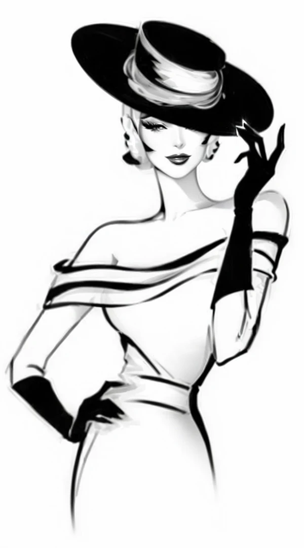 close-up of a woman wearing a hat and gloves, Elegant lady, elegant woman, Elegant girl, Black & White Vector art, Vintage Black, glamor pose, glamor pose, glamorous fashion pose, fashion pose, seductive lady, Gorgeous lady, glamour fashion pose, glamor pose, art deco illustration, sixties movie star, Black & White Vector, new wave style