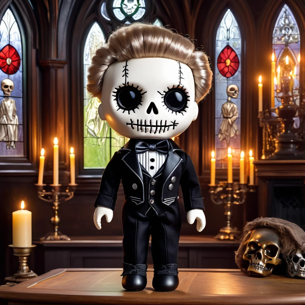 (knitted toy voodoo doll:1.6), (Voodoo Gothic Lord:1.3), (Clothes Black tailcoat with silver buttons, white shirt with jabot, cane with a skull on the end:1.5), (in the background Luxurious Gothic mansion, with stained glass windows, fireplace with burning fire and portraits of ancestors:1.2), best quality, masterpiece, detailed soft oil painting, detailed background, dramatic cinematic lighting, soft edge lighting, professional, dramatic lighting, hard edge lighting, ultra quality, 4k, masterpiece, best quality, 8k, ultra high definition, high resolution, extremely detailed