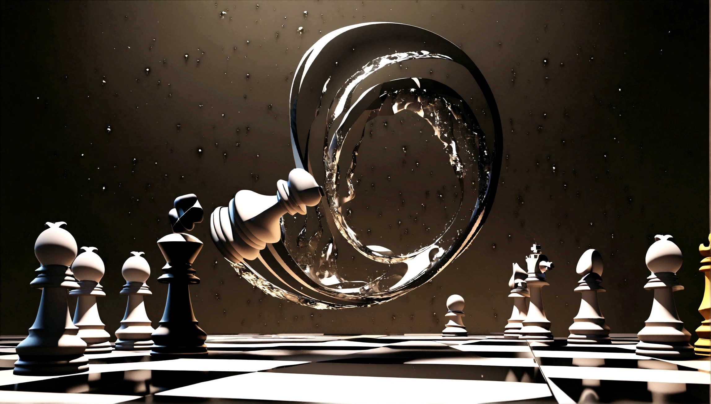 Chinese Go chess pieces，Chinese style，Play chess，Game，Chess pieces floating，3D rendering effect，The chessboard is flipped and suspended，The Mysterious Universe，The picture is full