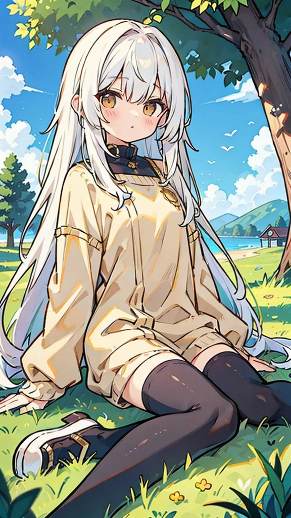 White-haired 12-year-old girl,Eyes as golden as gold,DC sea long hair,Wearing a modern light brown sweater jacket and long black stockings,Sitting under the big tree and grass,There is blue sky,With a smile,Ultra HD,Delicate and delicate fingers,masterpiece,Colorful,The eyes are golden,The eyes are golden,The eyes are golden,The eyes are goldenThe eyes are goldenThe eyes are goldenThe eyes are goldenThe eyes are goldenThe eyes are goldenThe eyes are goldenThe eyes are goldenThe eyes are golden
