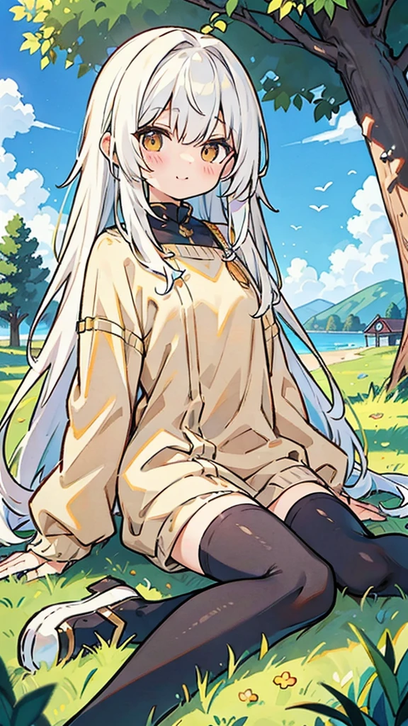 White-haired ,Eyes as golden as gold,DC sea long hair,Wearing a modern light brown sweater jacket and long black stockings,Sitting under the big tree and grass,There is blue sky,With a smile,Ultra HD,Delicate and delicate fingers,masterpiece,Colorful,The eyes are golden,The eyes are golden,The eyes are golden,The eyes are goldenThe eyes are goldenThe eyes are goldenThe eyes are goldenThe eyes are goldenThe eyes are goldenThe eyes are goldenThe eyes are goldenThe eyes are golden