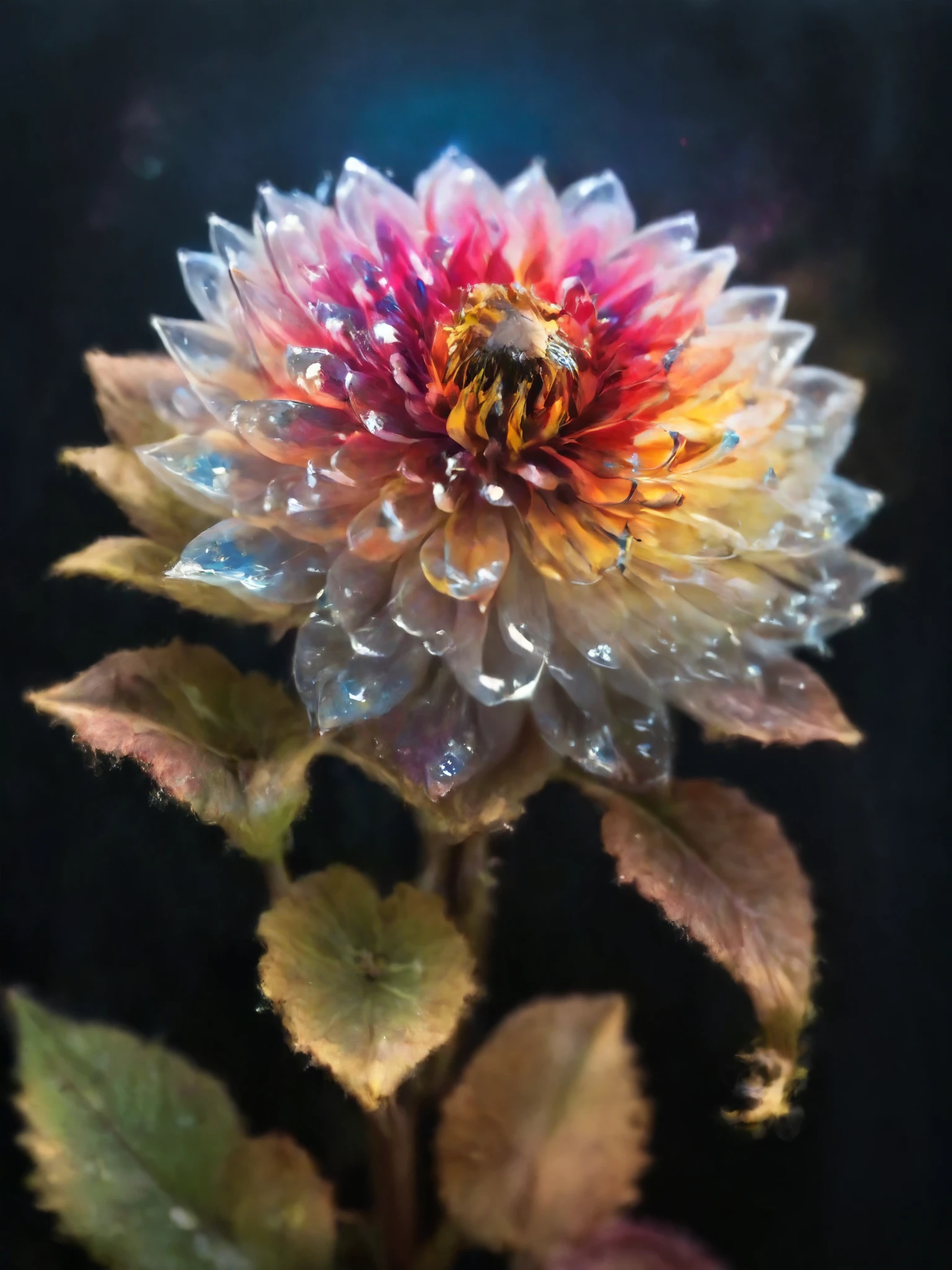 Crystal Blossom Flower,Dahlia Fantasy, Milky Way, transparent, Sparkling, Sparkling, wonderful, colorful, Magical Pictures, Dramatic lighting, Photographic realism, Super detailed, 4K, Depth of written boundary, High resolution