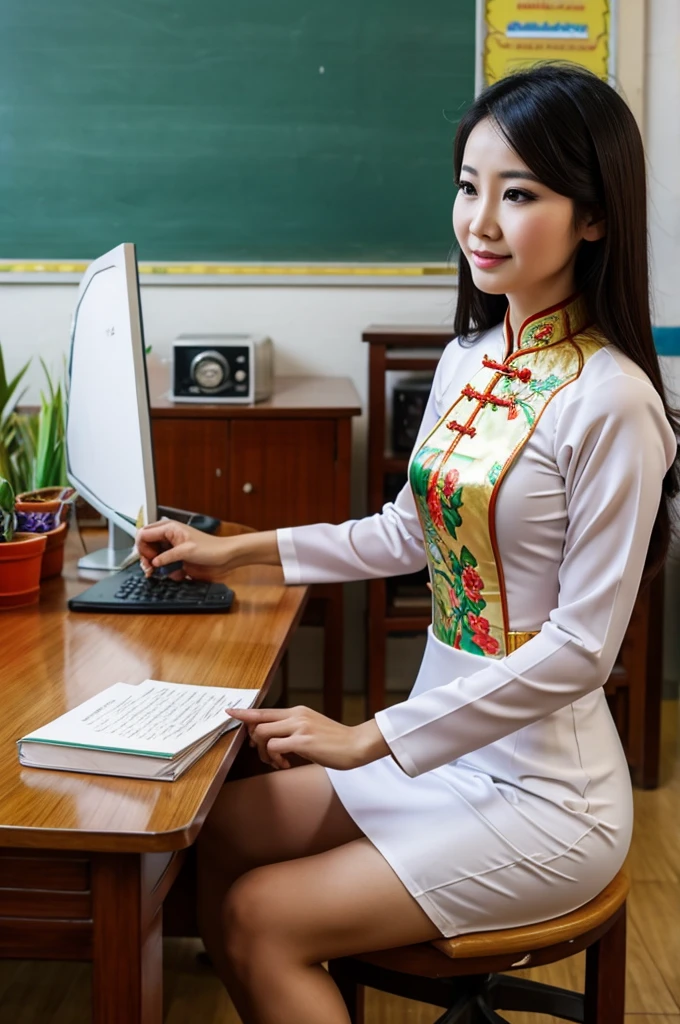 Teacher wearing Vietnamese ao dai sucks cock