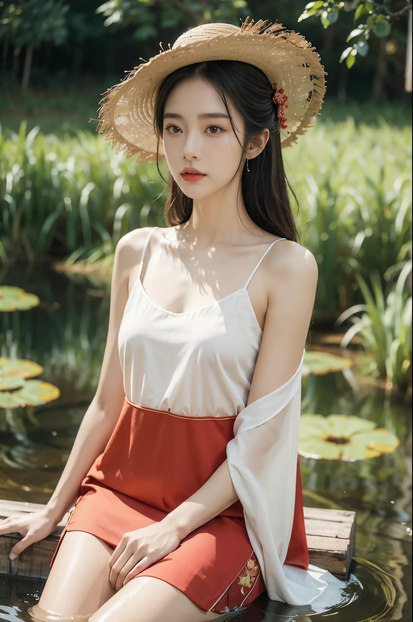 (((best quality))),(((ultra detailed))),(((masterpiece))),illustration,1 beautiful girl,slim,straw hat,shiny skin,dark skin,sweat,wet,flat chest,short Embroidered red cheongsam,bare arms,sitting in the pond filled with paddy,upper body,elegant, clear sky, sunlight, dreamy, contrast, natural,Chinese rural landscape,The body below the neck is in water