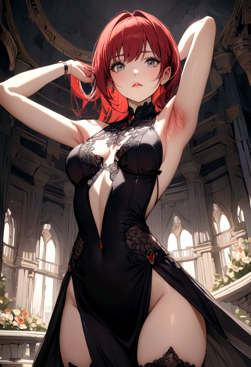 Red hair, gray eyes, armpit, 1 girl, thigh slit dress