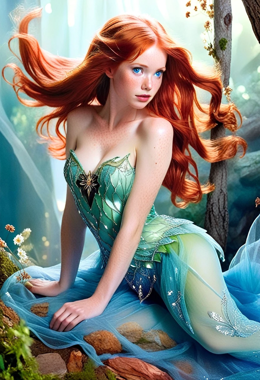 elizabeth holmes as tinker bell, exquisite detail, award winning photography, dramatic lighting, long luxurious light red hair, long red hair and blue eyes, long red hair and big eyes, red flowing hair, silken red hair, long red flaming hair, flowing red hair, long glowing ethereal hair, freckles on chicks, (freckles:1.2)