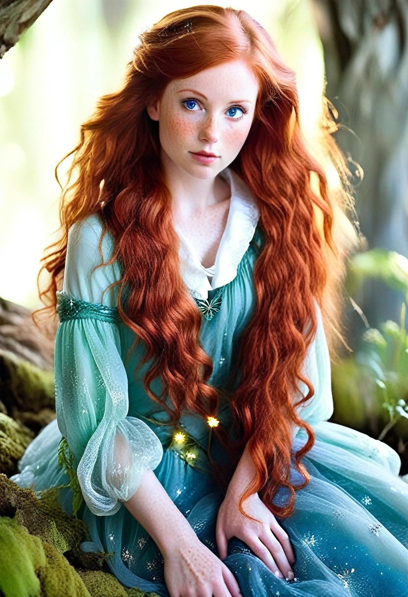 elizabeth holmes as tinker bell, exquisite detail, award winning photography, dramatic lighting, long luxurious light red hair, long red hair and blue eyes, long red hair and big eyes, red flowing hair, silken red hair, long red flaming hair, flowing red hair, long glowing ethereal hair, freckles on chicks, (freckles:1.2)