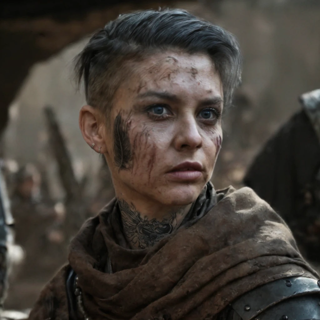 (masterpiece)+, (extremely (realistic)+,a portrait of an ugly young female warrior, sun weathered skin, horrible scars, Cheeky stare. Looking in camera. volumetrics dtx, Photorealistic, ultra detailed, Artstation trending, very very detailed, realistic shaded lighting, dynamic shadows, detailed Mercenary camp background, upper body, professional photograph of a detailed skin, sharp focus, dramatic, award winning, cinematic lighting, octane render, unreal engine, volumetrics dtx, Photorealistic, ultra detailed, Artstation trending, very very detailed, hyperrealistic, fine details, realistic shaded lighting, dynamic shadows, Mercenary camp background, add_detail:1, skin pores and wrinkles, details.,More Reasonable Details