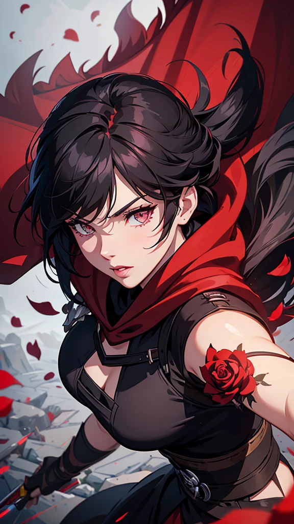 A beautiful detailed portrait of Ruby Rose from RWBY, with striking silver eyes, perfectly shaped lips, and long eyelashes, wearing a red cloak and combat outfit, in a dynamic action pose, surrounded by rose petals, epic cinematic lighting, highly detailed, extremely realistic, 8k, photorealistic, masterpiece