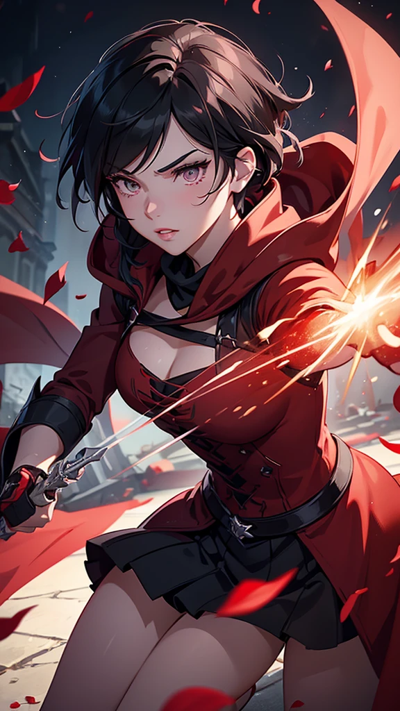 A beautiful detailed portrait of Ruby Rose from RWBY, with striking silver eyes, perfectly shaped lips, and long eyelashes, wearing a red cloak and combat outfit, in a dynamic action pose, surrounded by rose petals, epic cinematic lighting, highly detailed, extremely realistic, 8k, photorealistic, masterpiece