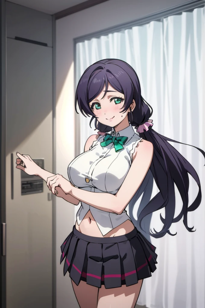 (masterpiece, best quality), 1girl,    nozomi toujou,huge breasts,idol costume,my room,sweating,sleeveless,navel,miniskirt,looking viewer,smile