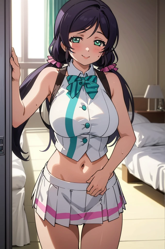 (masterpiece, best quality), 1girl,    nozomi toujou,huge breasts,idol costume,my room,sweating,sleeveless,navel,miniskirt,looking viewer,smile