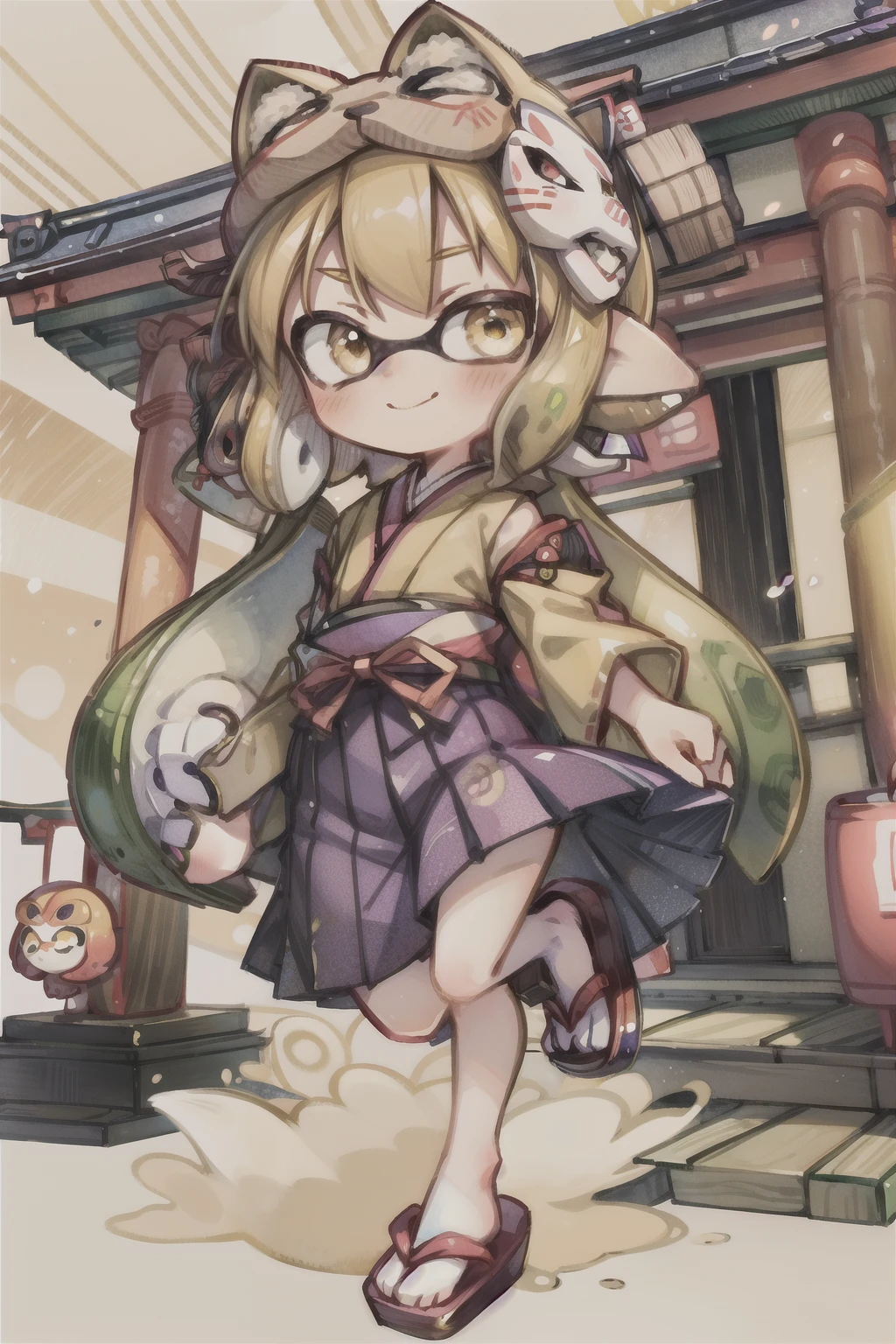 watercolor, Real Anime、3d、Smile, (Backstep:1.2), close , chest,  One Splatoon girl, Golden Eyes、round and large eyes、Cute eyes、Golden short tentacle hair default, Short tall girl, (japanese sarashi:1.4), slender、Japanese Shrine Maiden Uniform, Put a fox mask on your head、Japanese Festivals、smile、