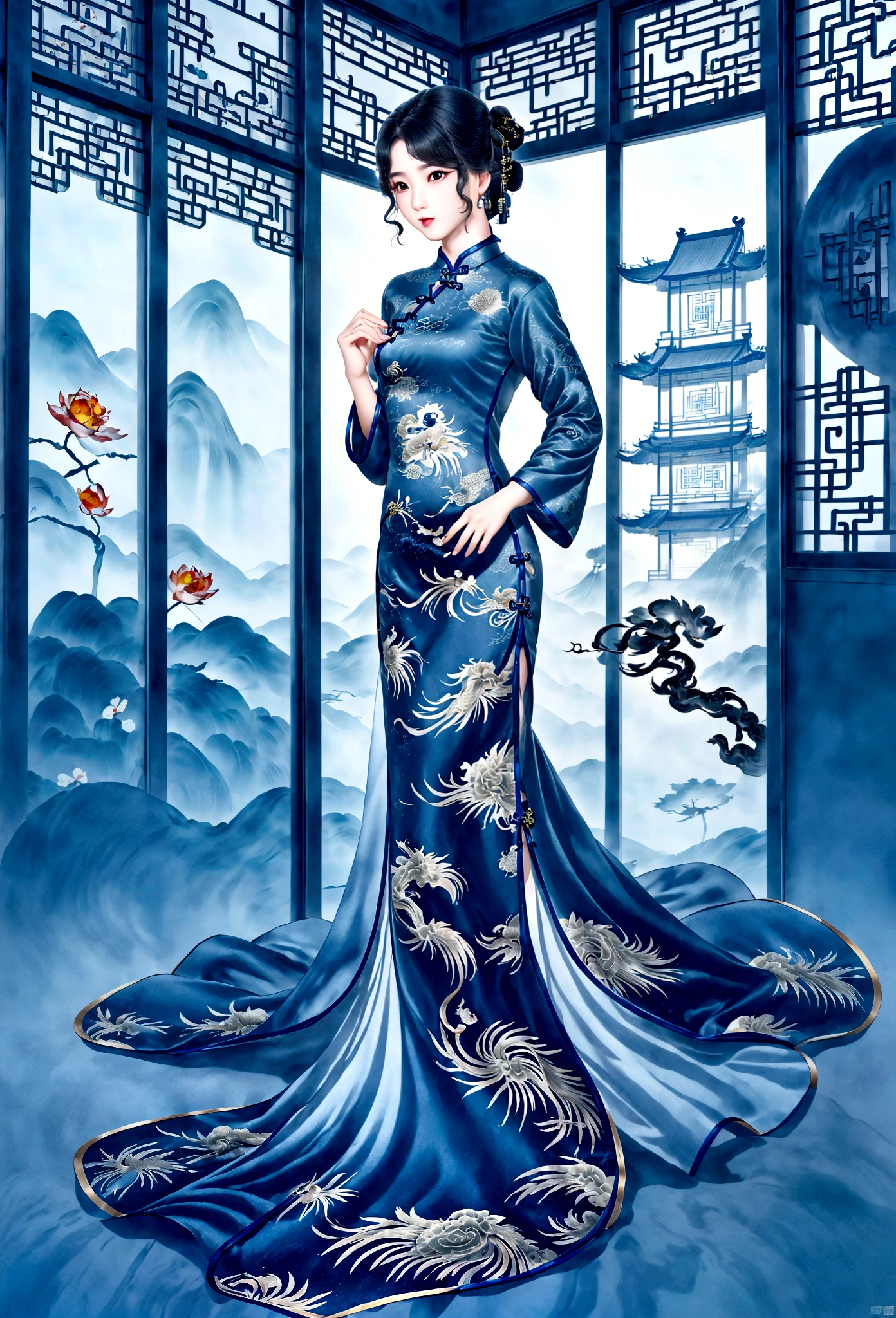 (masterpiece, best quality:1.2),Wavy hair secretary，solitary,Exquisite eyes,Fine black hair，( Smooth skin:1.2)( Wear a gorgeous and shining cheongsam:1.2)Chinese dragon pattern， Slender body proportions，Gorgeous room（（Intricate details））