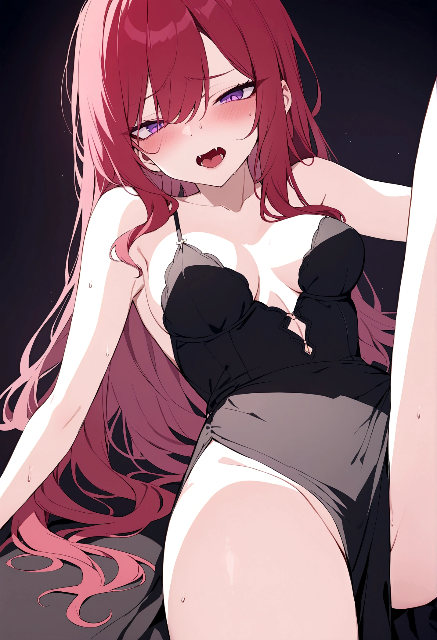 detailed, red hair, purple eyes, dominant, fangs, black dress, thigh slit, dark background, blood themed, sleepy eyes, eye glare- purple, seductive, moaning face
