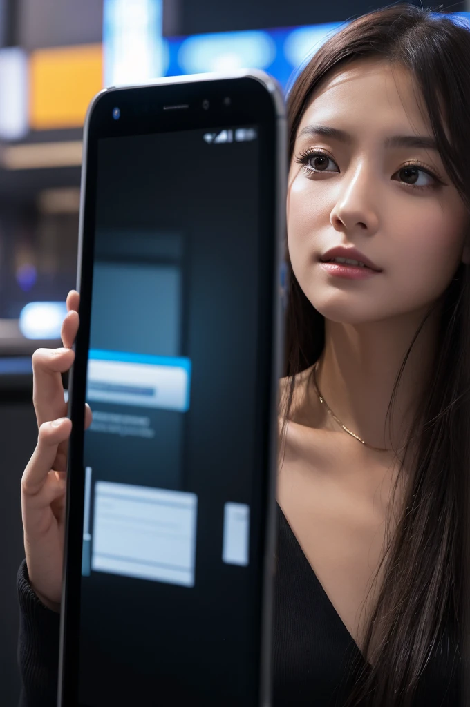 A woman reflected in the black screen of a smartphone