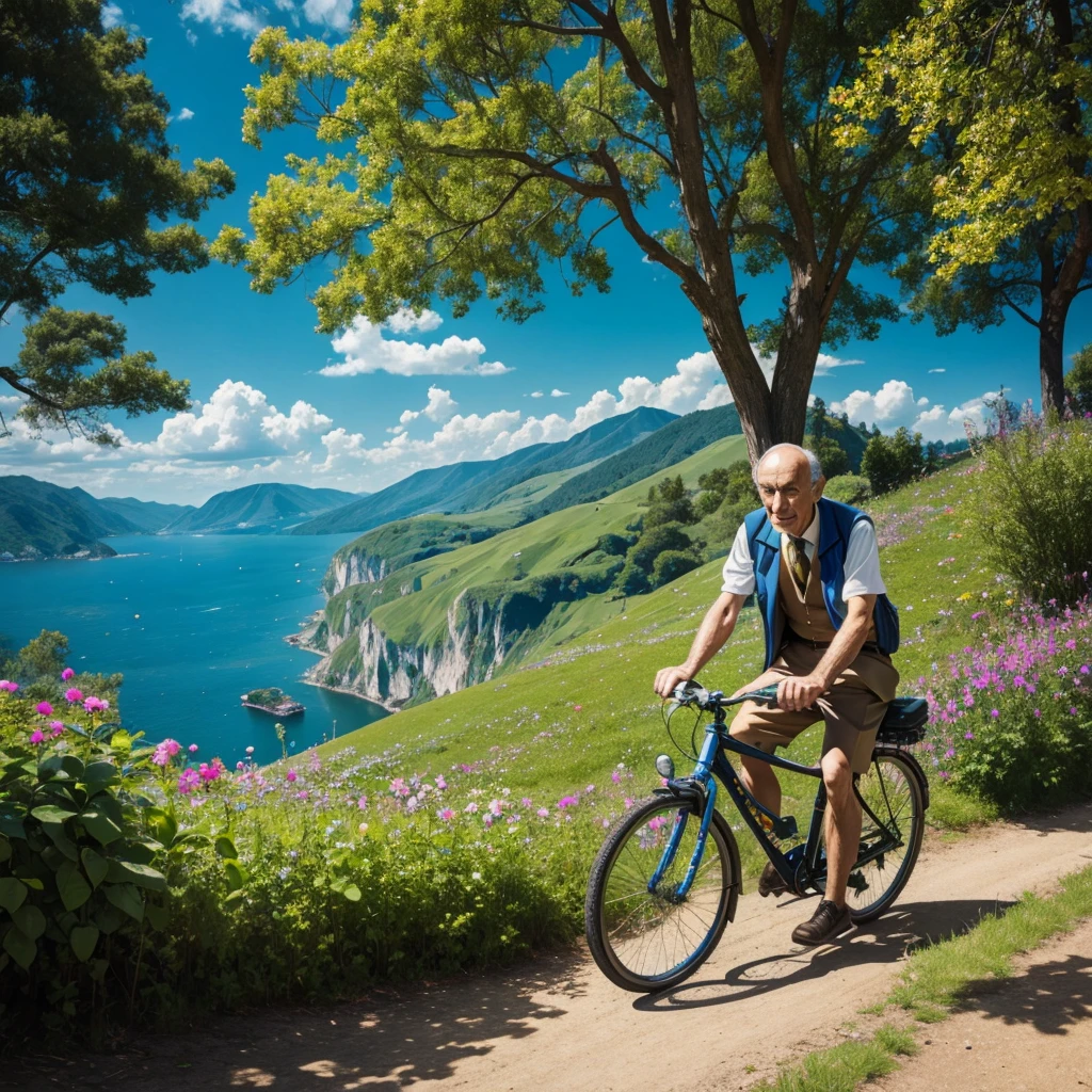 Albert Hofmann father of LSD riding a bike the landscape is psychedelic